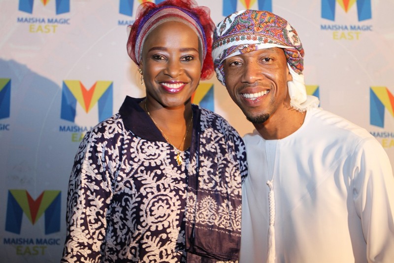 Kanze Dena of Citizen TV poses for a photo with Rashid Abdalla, Maza Producer during its launch at Fort Jesus.