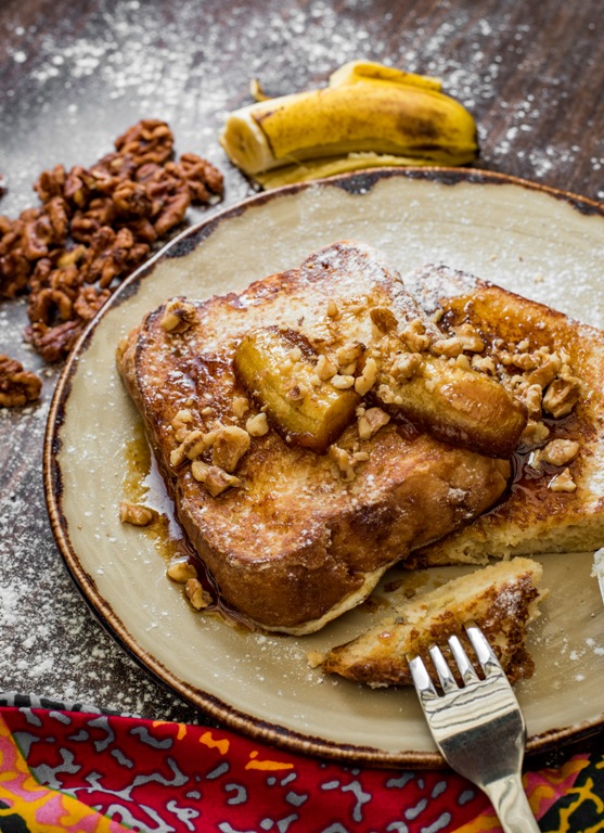 Brioche French toast with caramalized bananas.